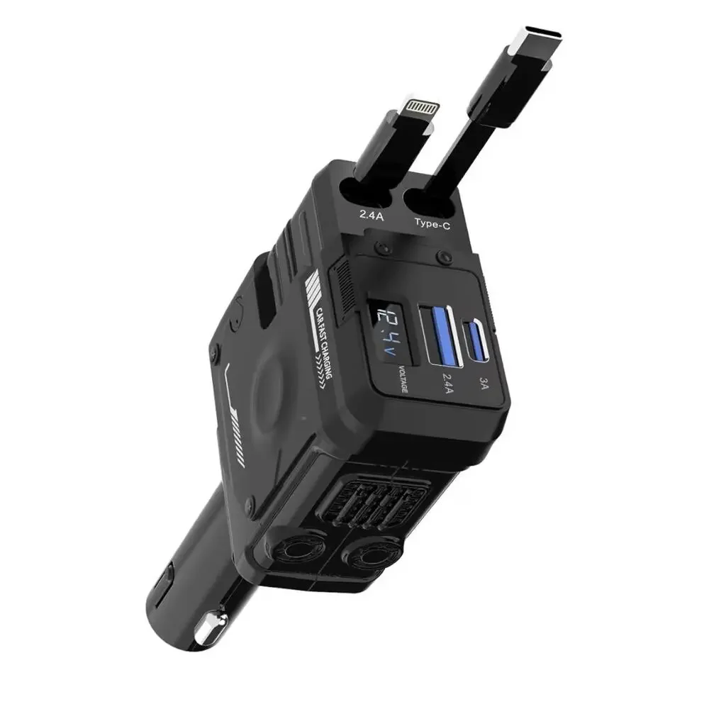 Retractable 4 in 1 car fast charger for IOS and USB C phones & devices